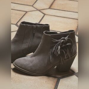 Women’s Taupe Faux Suede Fringe Ankle Boots